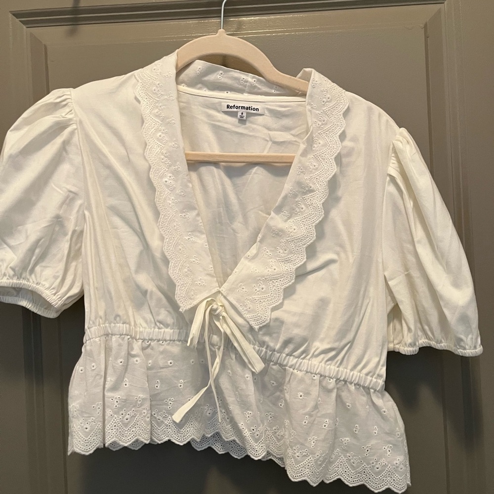Reformation Cream Eyelet Trim Blouse